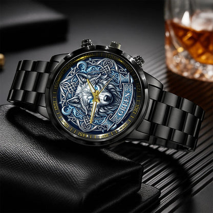 3D Silver Wolf Head Watch GREEN M1-W2